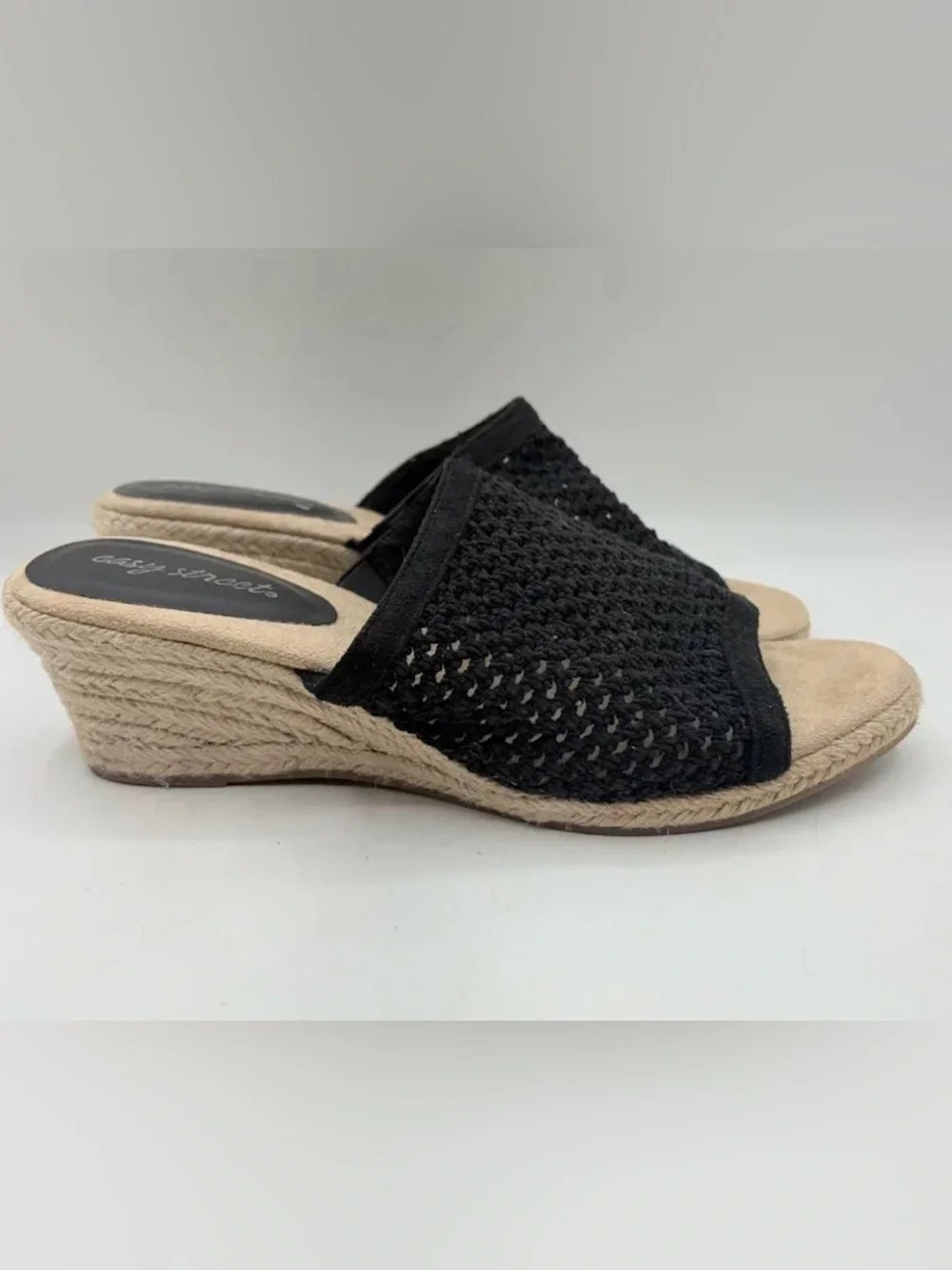 Easy Street Black Espadrille Wedge Slide Sandals